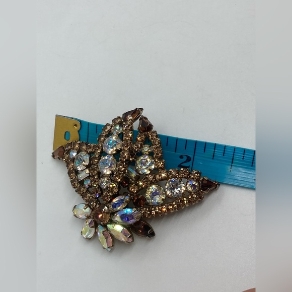 Sherman Topaz AB Aurora Borealis Crystal Floral Flower Brooch | 2.4” W | 1.9” H - Picture 12 of 12